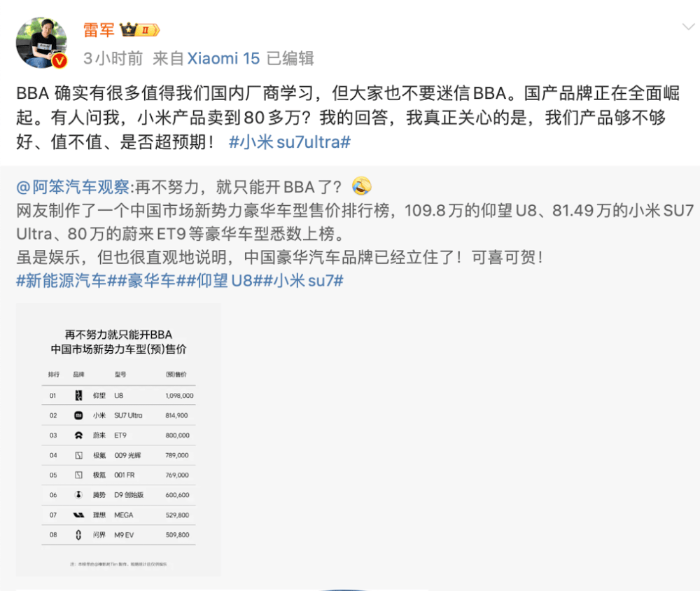 小米汽车卖到80多万<strong></p>
<p>债券交易单位</strong>,网友称再不努力只能开BBA!雷军:不要迷信BBA