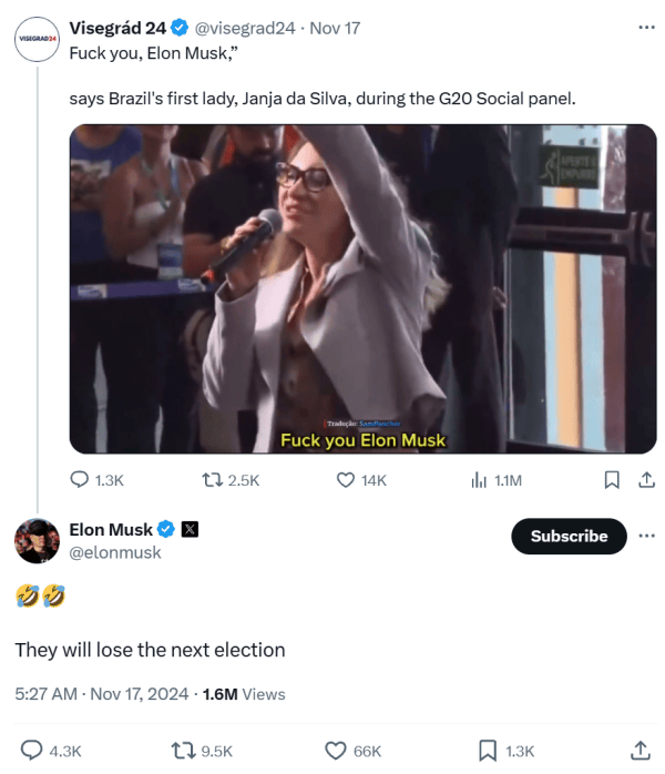 巴西第一夫人:去你X的<strong></p>
<p>货币直接交易</strong>,马斯克