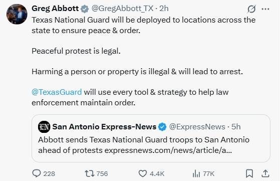 美国得州州长宣布将在全州部署国民警卫队