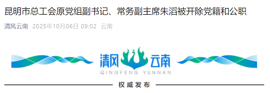 昆明市总工会原党组副书记、常务副主席朱滔被开除党籍和公职